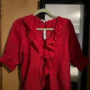 NWT Madewell Ruffled Puff Sleeve shirt cherise cherry red size M